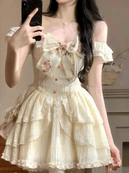 vzyzv  -  Summer Sweet Fairy Dress For Women Elegant Lolita Bow Ruffles Princess Dresses Girl Sleeveless Birthday Party Mini Dress