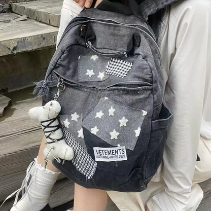 vzyzv  -  Korean Y2k Star Patchwork Plaid Preppy Student Girl Schoolbag Vintage Denim Gradient Backpacks Fashion Ladies Cute Backpack