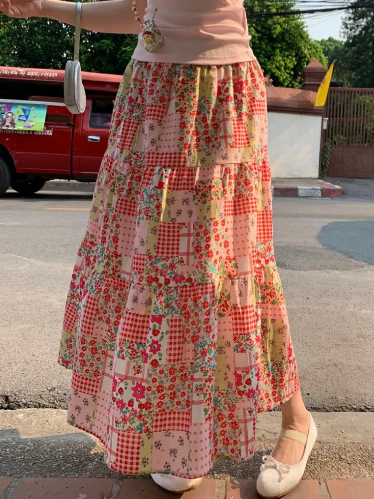 vzyzv -  Printed Floral Skirt Womens Mid Long Skirts 2024 Summer Mori Girl Style Lolita High Waisted Ruffle Pink Skirt