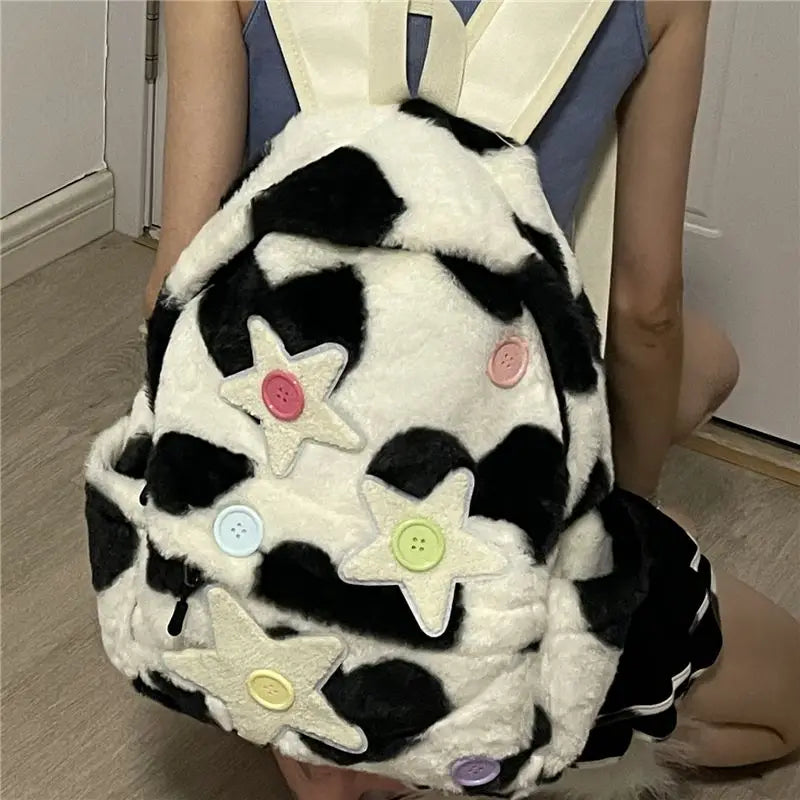 vzyzv  -  Korean Niche Design Preppy Star Patchwork Plush Student Schoolbag Y2k Cow Pattern Sweet Girl Backpack Travel Mochilas Para Mujer