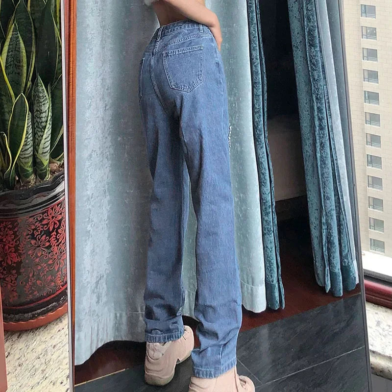 vzyzv  -  Female Mom Jeans High Waist Women Blue Heart Hole Diamond Denim Trousers Straight Leg Baggy Ripped Pants Streetwear Jeans