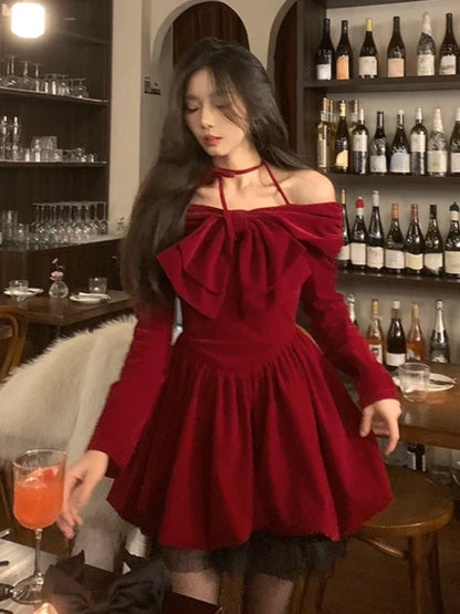 vzyzv  -  Winter Vintage Red Velvet Short Party Dress Woman Bow Elegant Y2k Mini Dress Lolita Kawaii One Piece Dress Korean Fashion