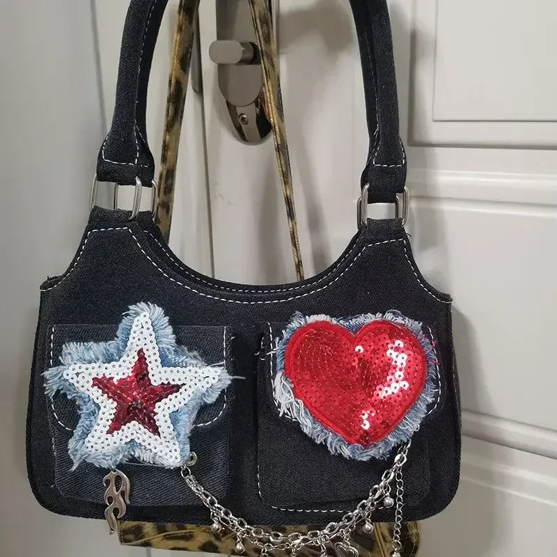 vzyzv  -  Women New Retro Y2k Aesthetic Star Heart Sequined Shoulder Bags Vintage Punk Korean Handbags Harajuku Chain Crossbody Bag Denim