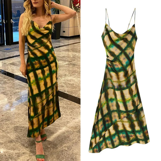 vzyzv  -  women's printed satin dress sleeveless retro dress slim fit mid-length fashion printed suspender dress 2024 new summer