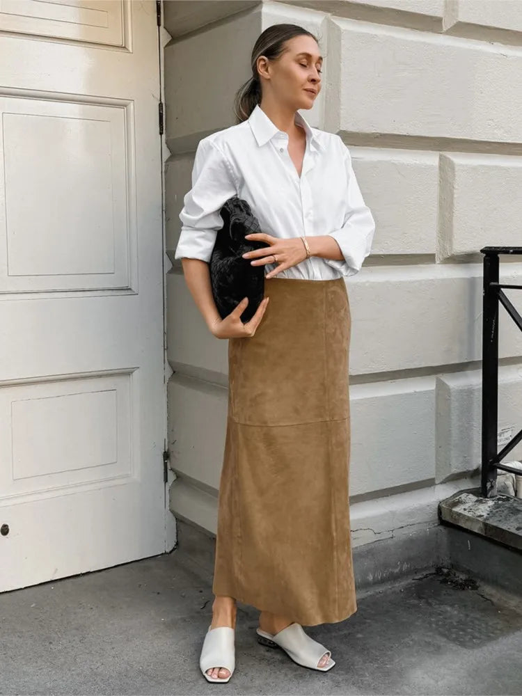 vzyzv  -  Autumn Retro Fashion Velvet Long Skirt Khaki Slim Straight Winter Women Skirt Zipper Solid Color Elegant Streetwear Skirt