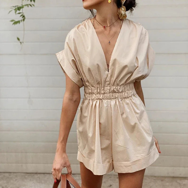 nvxiot  -  2024 Women Apricot Playsuits Chic Lady Casual Summer Fashion Y2k Pleated Solid Beach Loose Elastic High Waist Short Jumpsuits