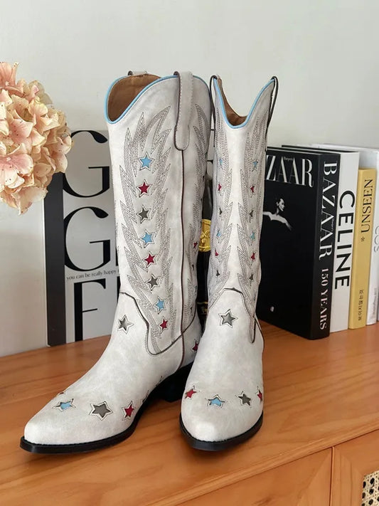 vzyzv  -  Spring New Retro Star Boots Embroidered Pointed Western Cowboy Cowgirl Boots Women's Thick Heel High Boots Oldgringoboots