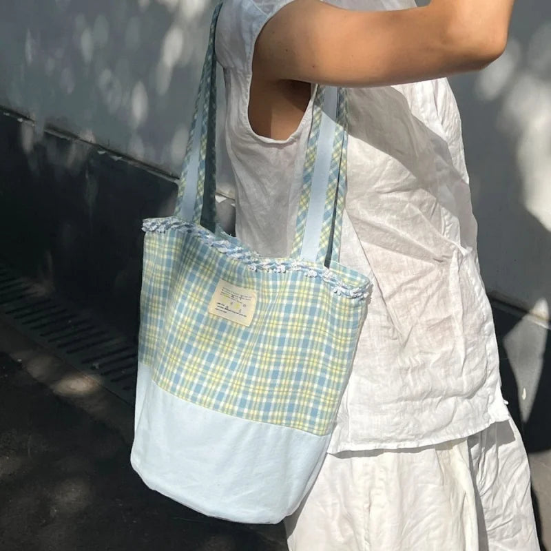 vzyzv  -  Korean Sweet Blue Plaid Bucket Bag Handbag Tote Women Casual Shoulder Bag