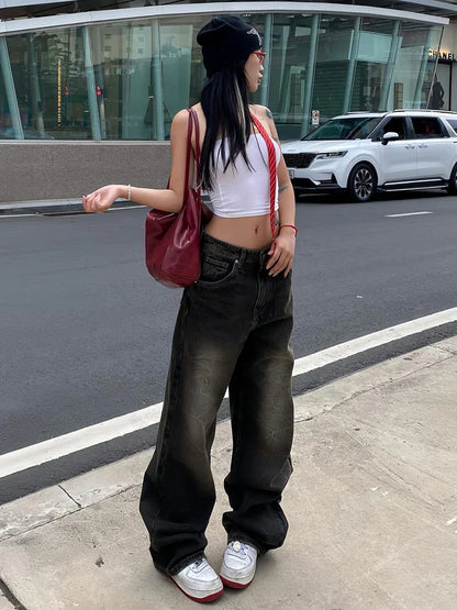 vzyzv  -  Streetwear Women'S Jeans Harajuku Cargo Pants Y2K Casual Denim Distressed Straight Wide Leg Trousers Female Korean 2024