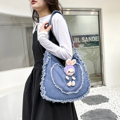 vzyzv  -   High-capacity Canvas Heart Handbags Casual Sweet Tassel Shoulder Bag Cartoon Cute Rabbit Doll Kawaii Denim Crossbody Bags Women