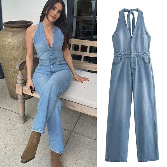 vzyzv -  Sexy Backless Sleeveless Deep V Neck Jump Suits for Women Jumpsuit Vintage Cotton Denim Long Overall Jumpsuits Summer