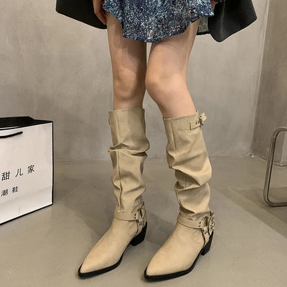 vzyzv  -  Winter Western Cowboy Boots Women Fashion Slip On Long Boots Female Elegant Square Heel Women's Knight Botties