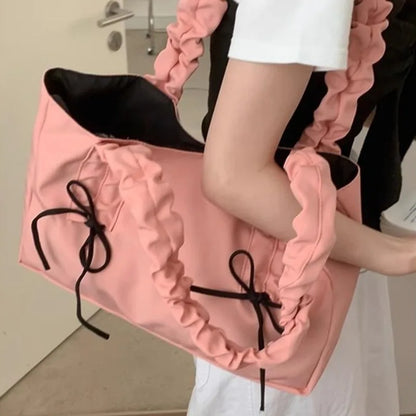 vzyzv  -  Pink Pleated Womens Tote Bag Nylon Sweet Elegant Gentle Literary Casual Shoulder Bag Aesthetic New Korean Fashion Handbag