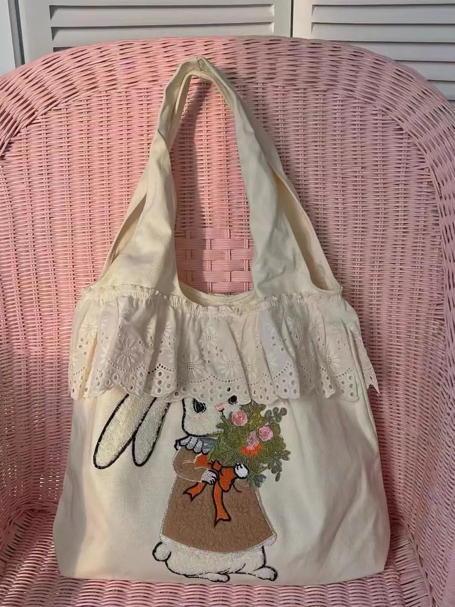 vzyzv  -  Rabbit Embroidery Beige Shoulder Bags Women Lolita Cute Lace Large Capacity Tote Bag Handbag Female Canvas Underarm Bag