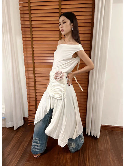 vzyzv  -  Women White Sleeveless A-line Dress Y2k 90s Korean Vintage Harajuku Evening Dress Party Club One Piece Frocks 2000s Clothes 2024