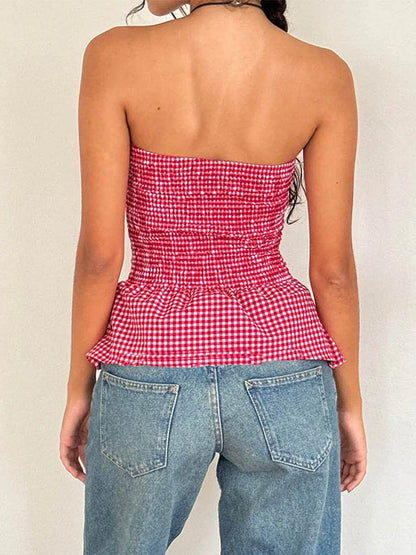 vzyzv -  Y2k Red Gingham Crop Top Womean Sexy Strapless Ruffle Hem Sleeveless Button Cami Coquette Aesthetic Plaid Print Crop Top Summer