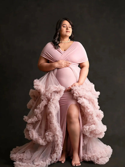 nvxiot  -  Dusty Pink Maternity Dresses for Babyshower Elegnat Off The Shoulder Ruffles Vestidos For Pregnant Woman Slit Photoshoot Props