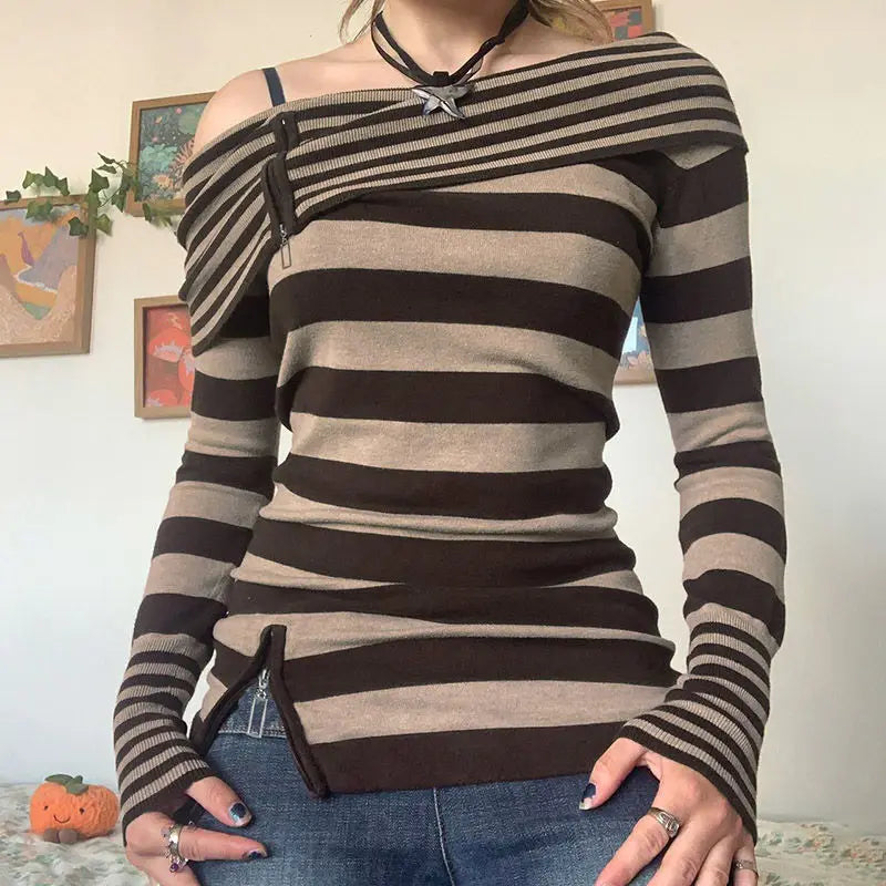 vzyzv  -  Knitted High-Quality Contrast Striped Zipper One-Shoulder T-Shirt Women'S Waist Slimming American Hot Girl Top