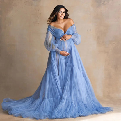 nvxiot  -  Charming Ruffle Tulle Maternity Dress Photoshoot Off the Shoulder Blue Bridal Robes Custom Made Babyshower Dress for Photography