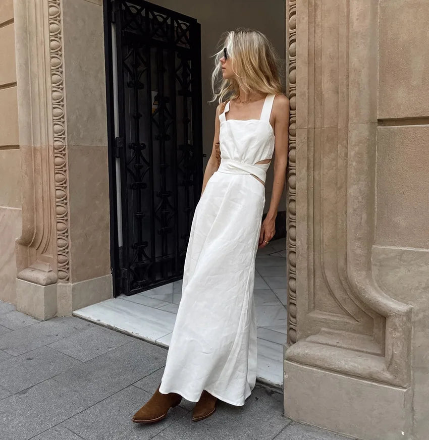 vzyzv  -  Summer White Elegant Midi Dress Women  New Chic Sleeveless Waist Hollow Out Long Dresses Streetwear Fashion Lace-up Vestidos