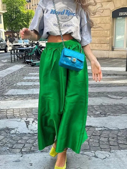 vzyzv -  Silk Patchwork High Waist Long Skirt Women's Summer Solid Color Skirt Fashion Simple Loose New Women's Long Skirt 2024