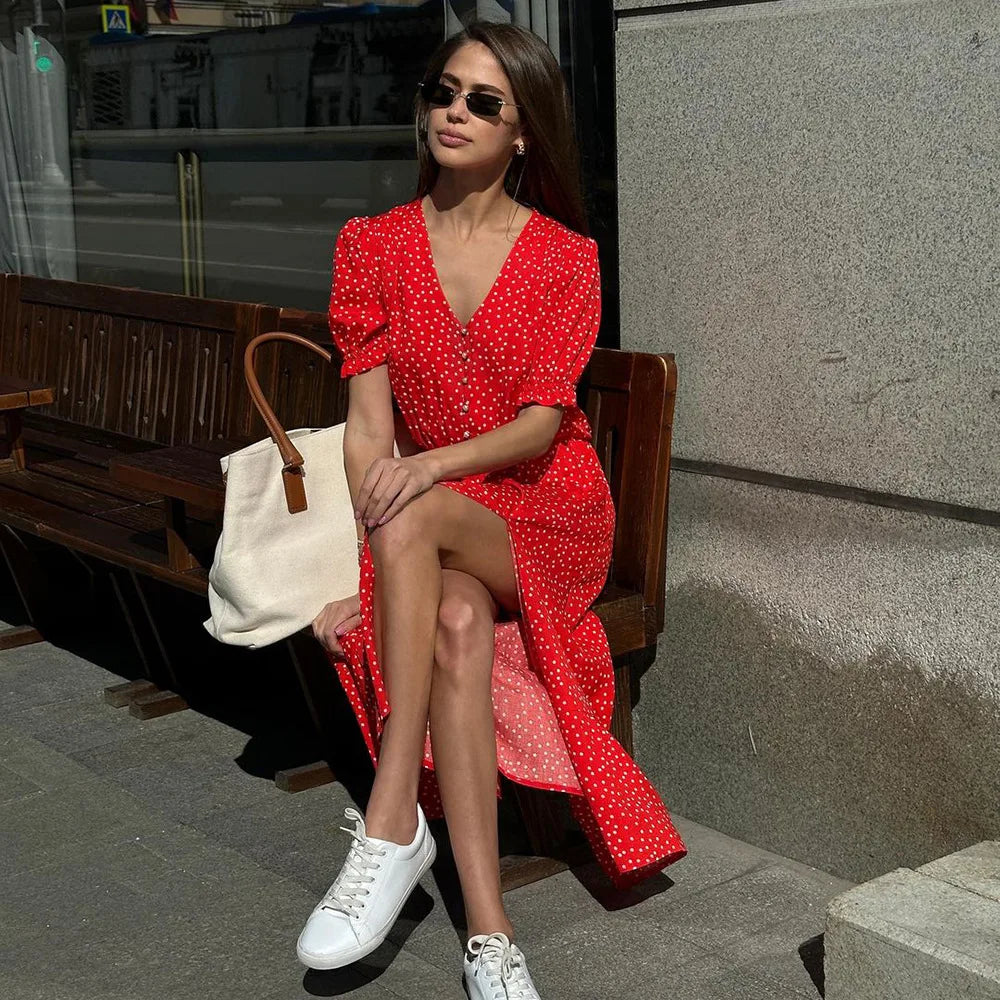 vzyzv  -  Summer Elegant Dot Long Dress Women V Neck Single Breasted Short Sleeve High Split Casual Fashion Streetwear Red Robes