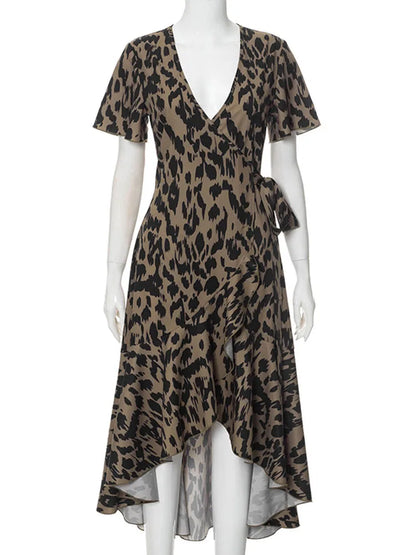 vzyzv -  Leopard Print Short Sleeve Bandage Long Dress Summer Women's Fashion Asymmetric High Waist Slim Contrast V Neck Long Dress