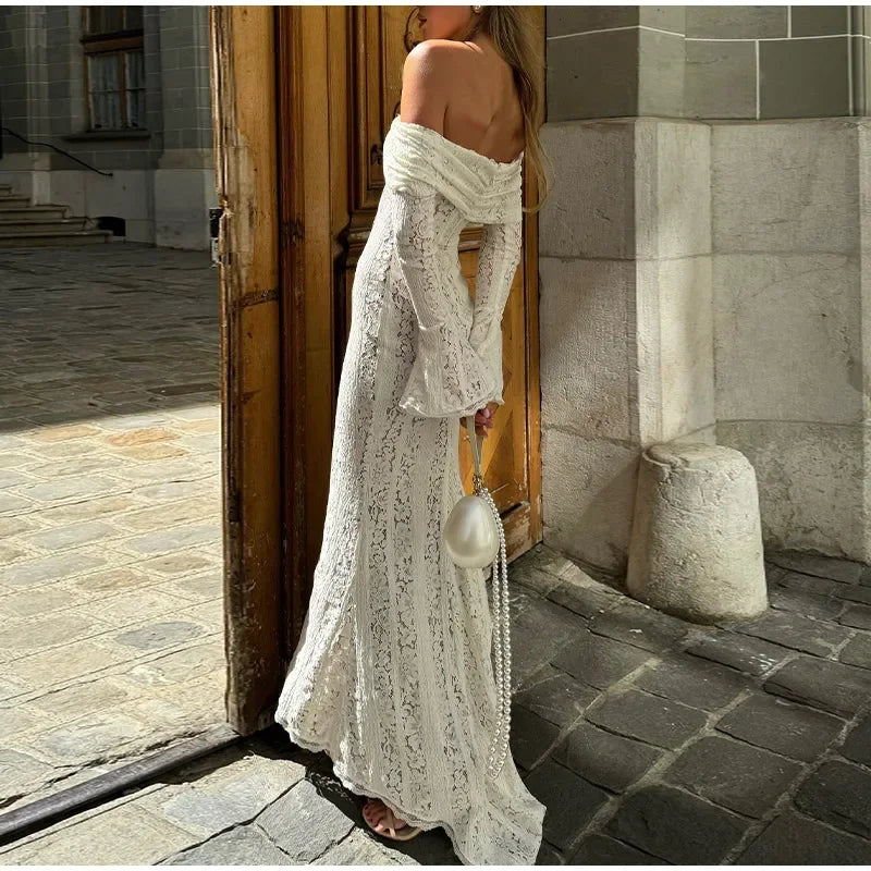 vzyzv  -  Sexy Hollow Out Lace Maxi Dress Female Backless See-Through Slim Lace-Up Bandeau Dress Women's White Luxury Long Dress New