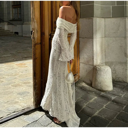 vzyzv  -  Sexy Hollow Out Lace Maxi Dress Female Backless See-Through Slim Lace-Up Bandeau Dress Women's White Luxury Long Dress New