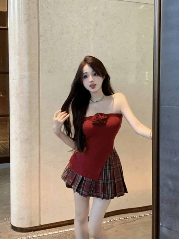 vzyzv  -  Women's Red Sets Off Shoulder Rose Crop Top A-Line Mini Pleated Plaid Skirt Streetwear Y2k Fashion Korean Two Piece Set Clothes