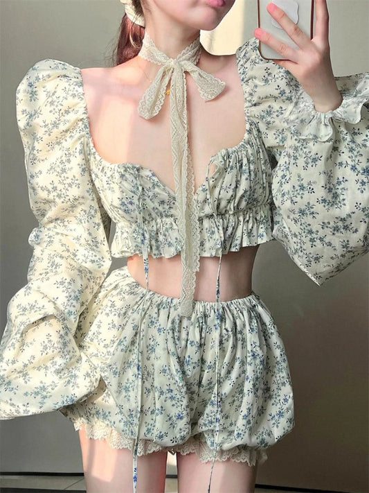 vzyzv -  France Sexy Vintage Two Piece Set Women Summer Strapless Printing Tops + Mini Puff Shorts Female Cottagecore Party Sweet Suits