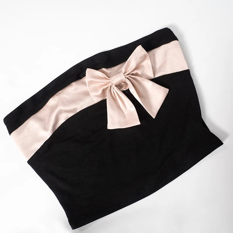 nvxiot  -   Pink Bow Strapless Top for Women Hot Y2k Style Sleeveless Contrast Color Black Tops Fashion Cropped Tanks Streetwear Sweet