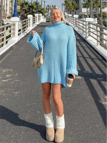 vzyzv  -  2025 Autumn Winter Blue Sweater Dress Fashion High Collar Knit Short Dress Loose Straight Solid Flare Sleeve Casual Women Dress