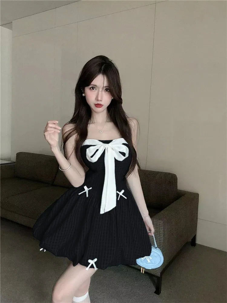 vzyzv  -  Black Blue Sweet Princess Birthday Party Mini Dress Strapless Cute Bow A Line Fluffy Short Skirt Summer Fashion Sleeveless Dress