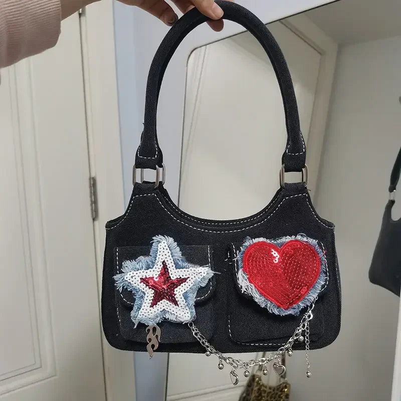 vzyzv  -  Women New Retro Y2k Aesthetic Star Heart Sequined Shoulder Bags Vintage Punk Korean Handbags Harajuku Chain Crossbody Bag Denim