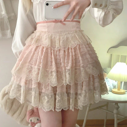 vzyzv  -  Sweet Lolita Lace Cake Skirt Women Pink Vintage Elegant A-line Mini Skirts Female Korean Fashion Preppy Style Pleated Skirt