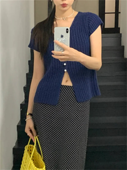 TAVIMART  -  Chic Retro OL Sweaters Women Office Lady High Street Loose V-Neck 2024 New Slim Knitted All Match Coats Daily