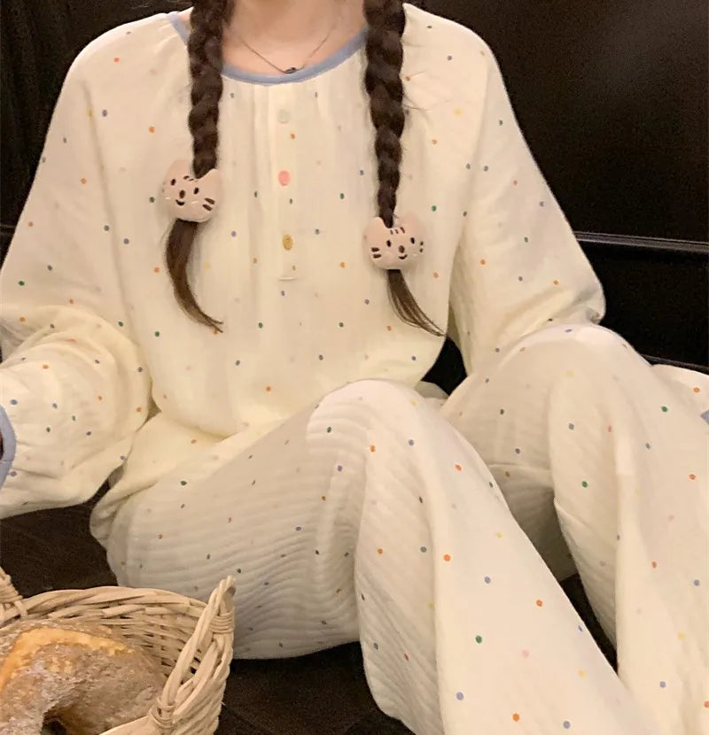 vzyzv  -  White Gauze Pajama Set Women Sleepwear Autumn Winter Polka Dot Pyjamas Long Sleeve Home Suit Crepe Breathable Nightwear S379