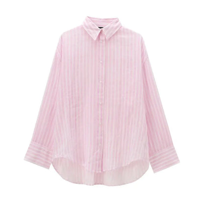 vzyzv -  Summer Pink Striped Suits For Women 2024 New Single Breasted Long Sleeve Simple Shirt+Shorts Sets Casual Fashion Two-piece Set