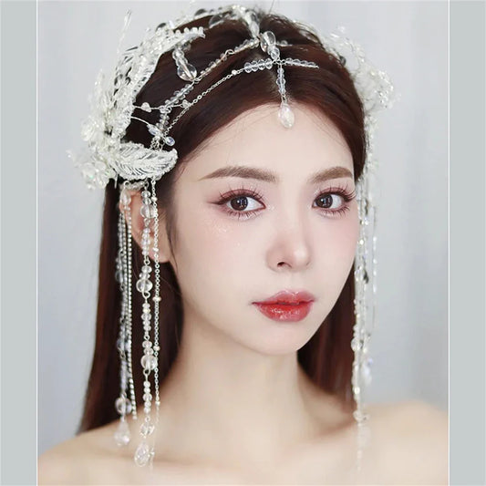 vzyzv  -  Korean Style Bride Crystal Tassel Fairy Hair Accessories Exquisite Handmade Beaded Eyebrow Center Pendant Chain Wedding Headwear