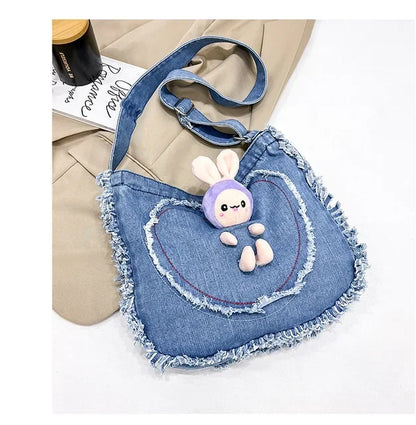 vzyzv  -   High-capacity Canvas Heart Handbags Casual Sweet Tassel Shoulder Bag Cartoon Cute Rabbit Doll Kawaii Denim Crossbody Bags Women