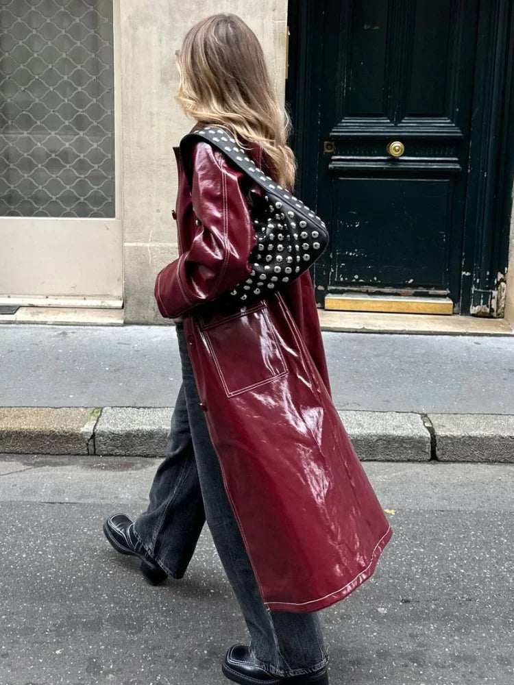 vzyzv  -  Fashion Burgundy Patent Leather Stitch Overcoat Women Buttons Flap Pockets Oversized Windbreaker Chic Lady High Streetwear