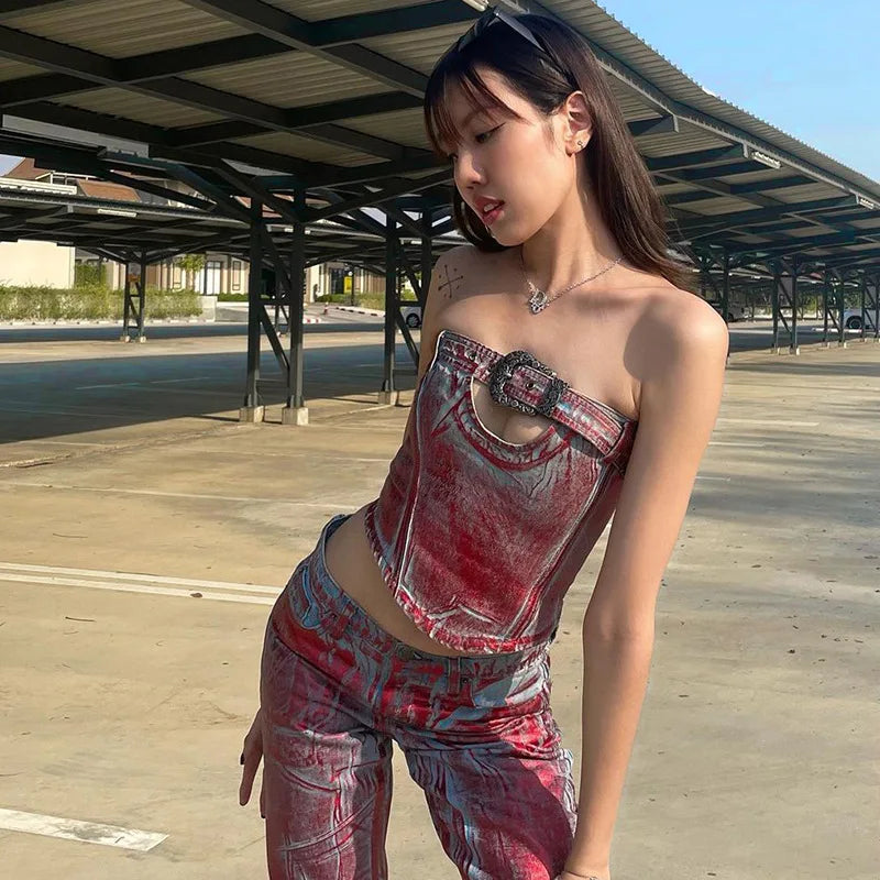 vzyzv  -  Vintage Sexy Top Strapless Tie Dye Backless Slim Tops Women Fashion Off Shoulder Hollow Out Top Streetwear Outfit Y2K 2024