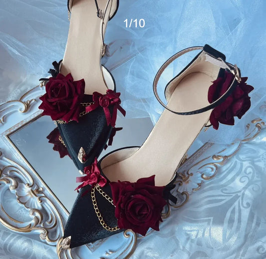 nvxiot  -  Black Red Gothic Lolita Shoe Wedding Lolita High Heels For Ladies Rose pointed toe dress shoes for womenluxury shoes sss grade