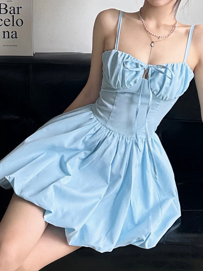 vzyzv  -  Y2K Aesthetic Mini Dress Women Fashion Slim Spaghetti Strap Bubble Dress  Beach Party Backless Sundress Korean Clothes