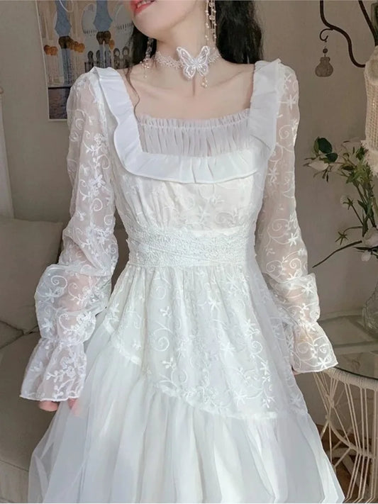 vzyzv -  Vintage Elegant Evening Party Long Dress Women Lace France Retro Princess Fairy White Korea Sweet Dress Female Summer