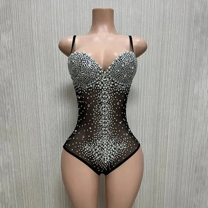 nvxiot  -  Fashion New Sexy Black Mesh Shiny Crystals Maternity Wear Short Elegant Jumpsuit For Women Commemorative Art Photo