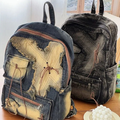 vzyzv  -  Retro Splicing Cowboy Backpack American Versatile Large Capacity Student Bag New Harajuku Zipper Y2K Backpack