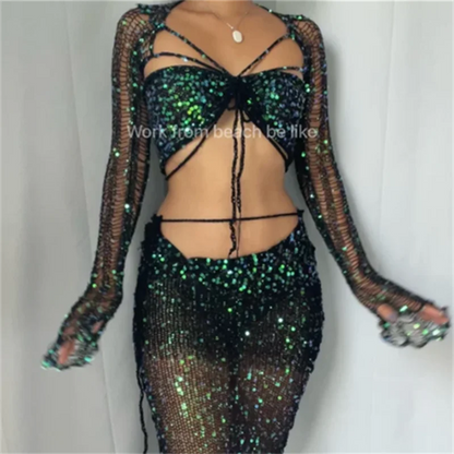 vzyzv -  Hollow Out Long Sleeve Crop Top And Mini Bodycon Skirt Two Piece Set Summer Women Sequins Knitted Beach Skirt Suit