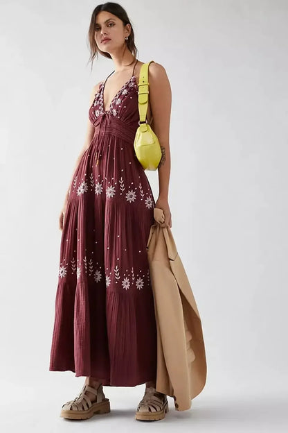 nvxiot  -  Bohemian Style A-line Spaghetti Maxi Dress V-neck Sleeveless Embroidery Summer Dress Backless Holiday Vestidos Chic Robes